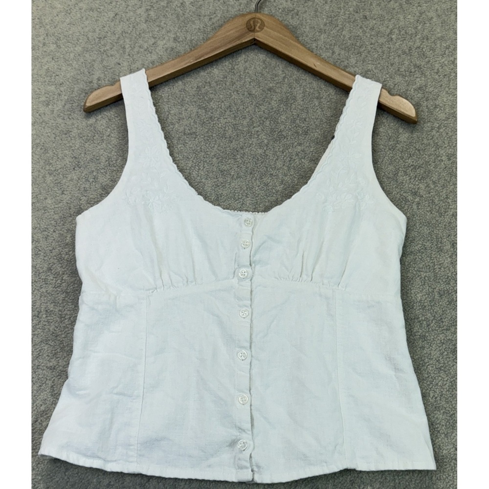 Hollister Womens Button Up Tank Top White Floral Embroidered Sleeveless Boho M